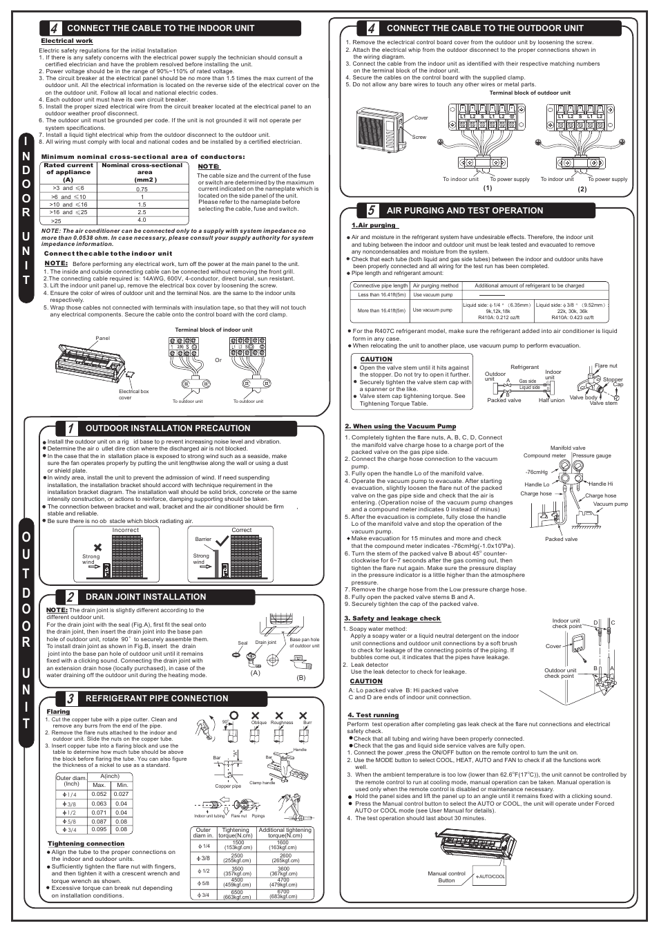 Connect the cable to the indoor unit, Refrigerant pipe connection, Air purging and test operation | Connect the cable to the outdoor unit | Perfect Aire 1PAMSH36-14.5 Installation Manual User Manual | Page 2 / 2