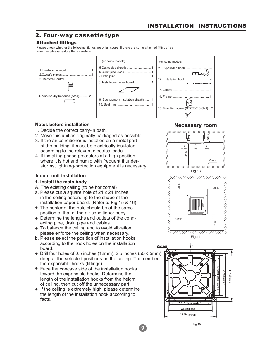 Four-way cassette type, 9installation instructions, Necessary room | Attached fittings | Perfect Aire 1PAMSH36-MZO4-16 Installation Manual User Manual | Page 10 / 24