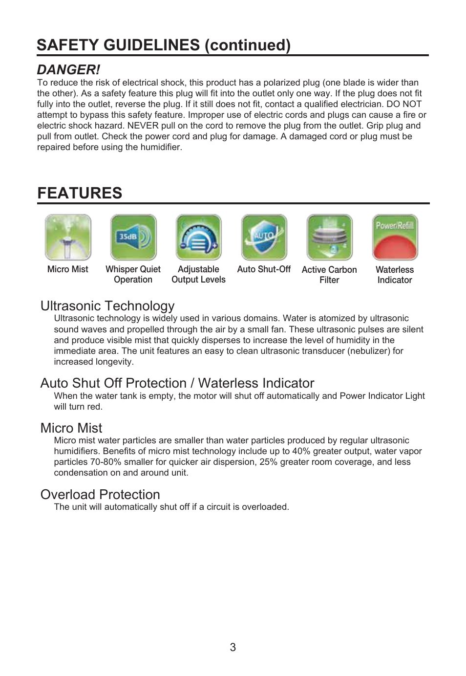 Safety guidelines (continued), Features, Danger | Ultrasonic technology, Auto shut off protection / waterless indicator, Micro mist, Overload protection | Perfect Aire PAU1 User Manual | Page 4 / 10