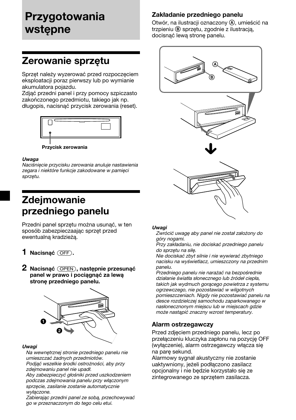 Przygotowania wstępne, Zerowanie sprzętu, Zdejmowanie przedniego panelu | Sony CDX-4000RV  RU User Manual | Page 54 / 124