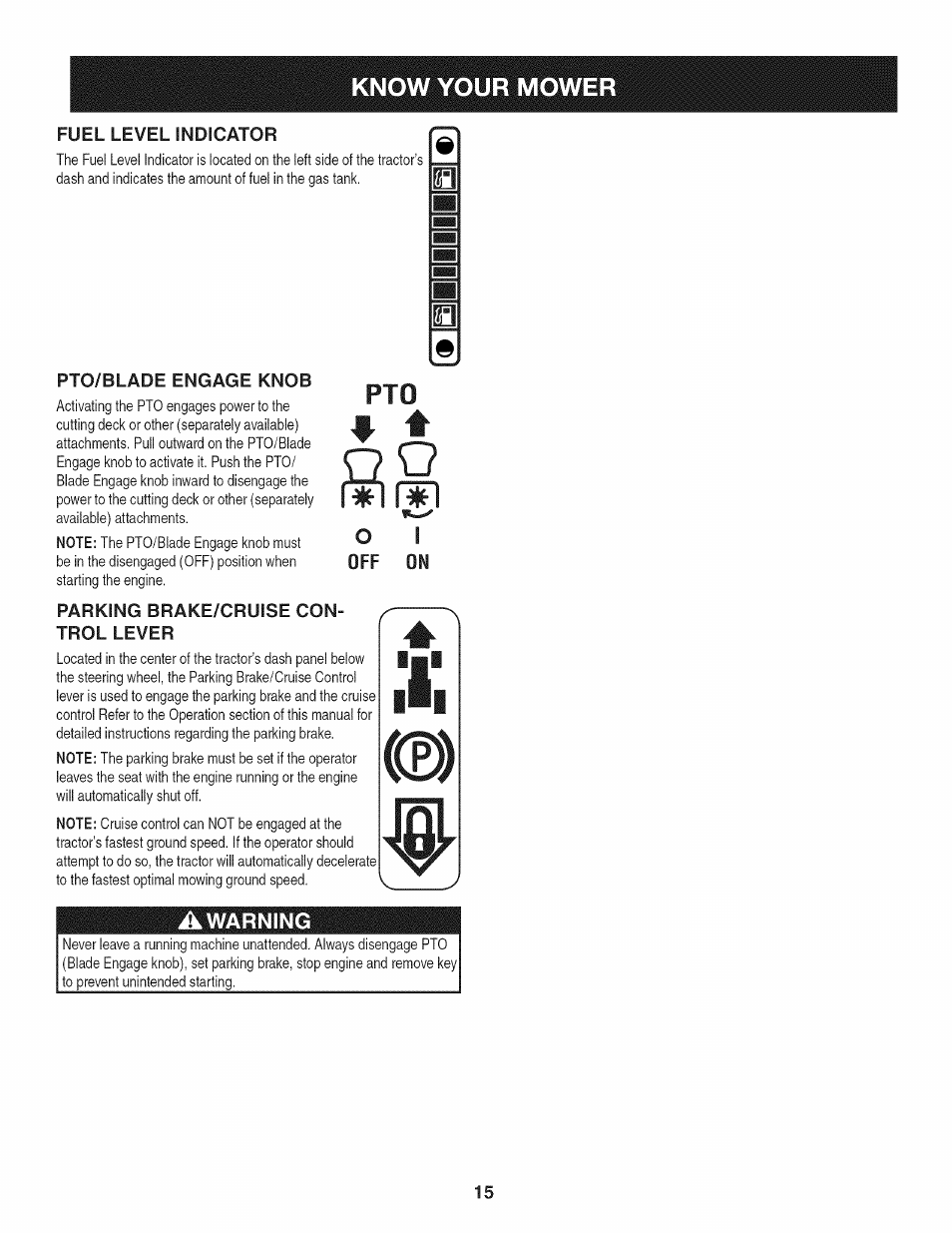 Fuel level indicator, Pto/blade engage knob, Parking brake/cruise control lever | Know your mowe | Craftsman 247.28672 User Manual | Page 15 / 100