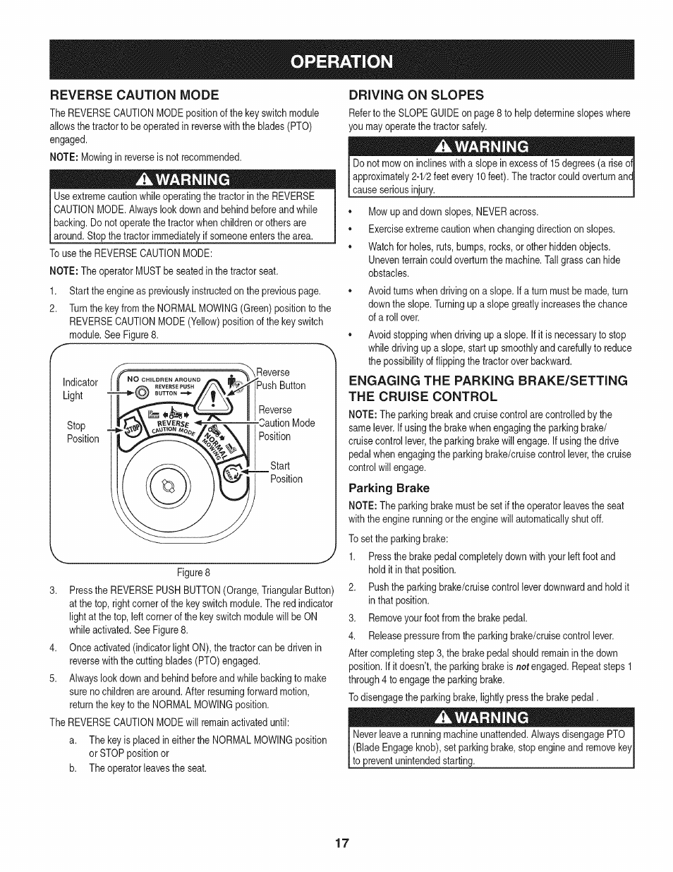 Driving on slopes, Parking brake, Operation | Awarning | Craftsman 247.28672 User Manual | Page 17 / 100