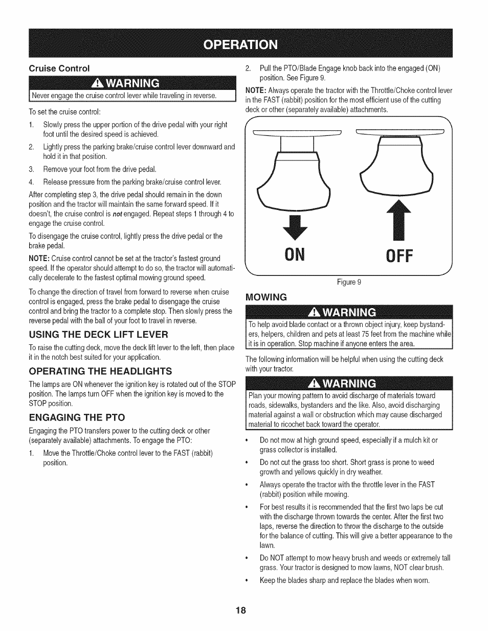 Cruise control, Using the deck lift lever, Operating the headlights | Engaging the pto, Mowing, Operation, Awarning | Craftsman 247.28672 User Manual | Page 18 / 100