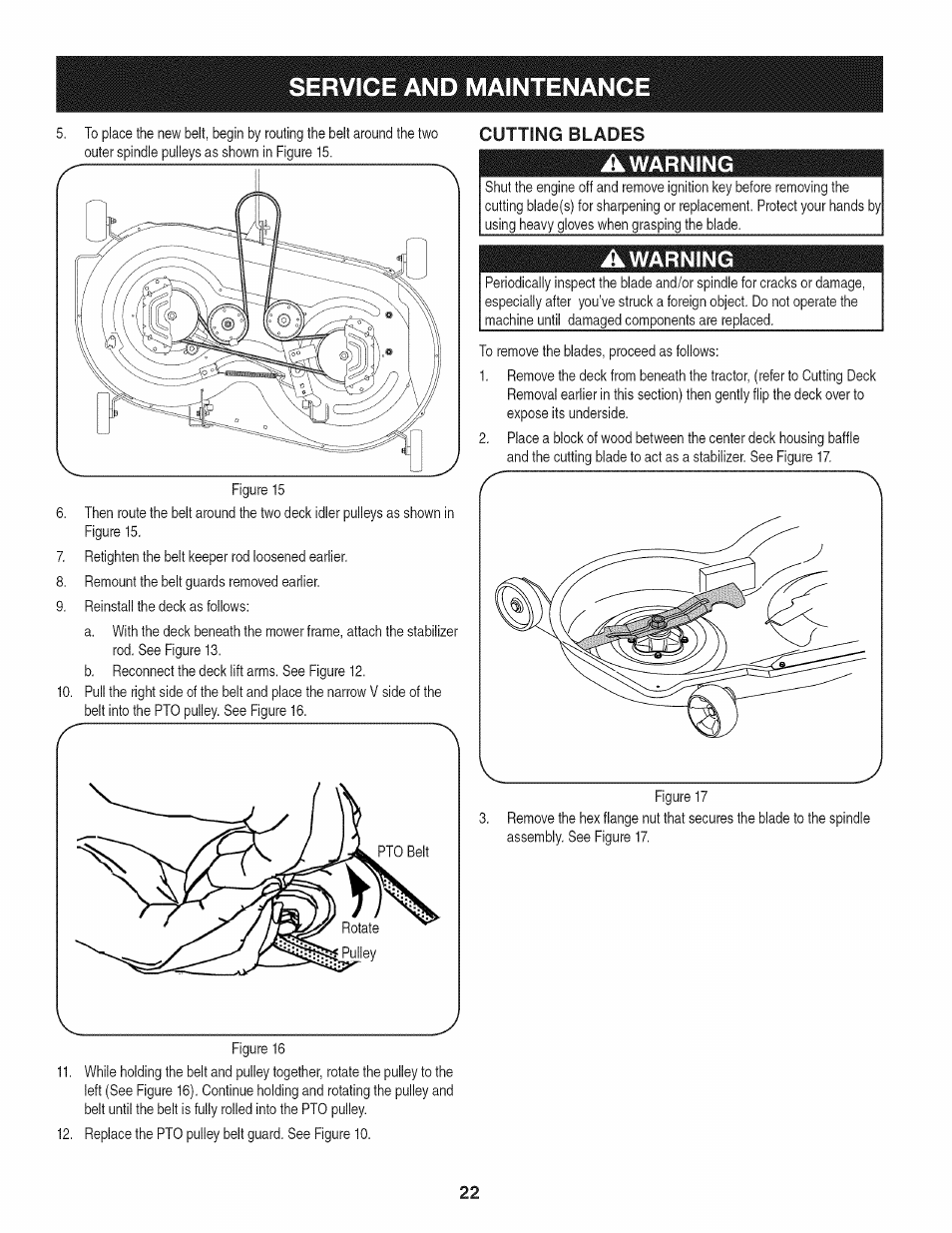 Cutting blades, Service and maintenance, Awarning | Craftsman 247.28672 User Manual | Page 22 / 100