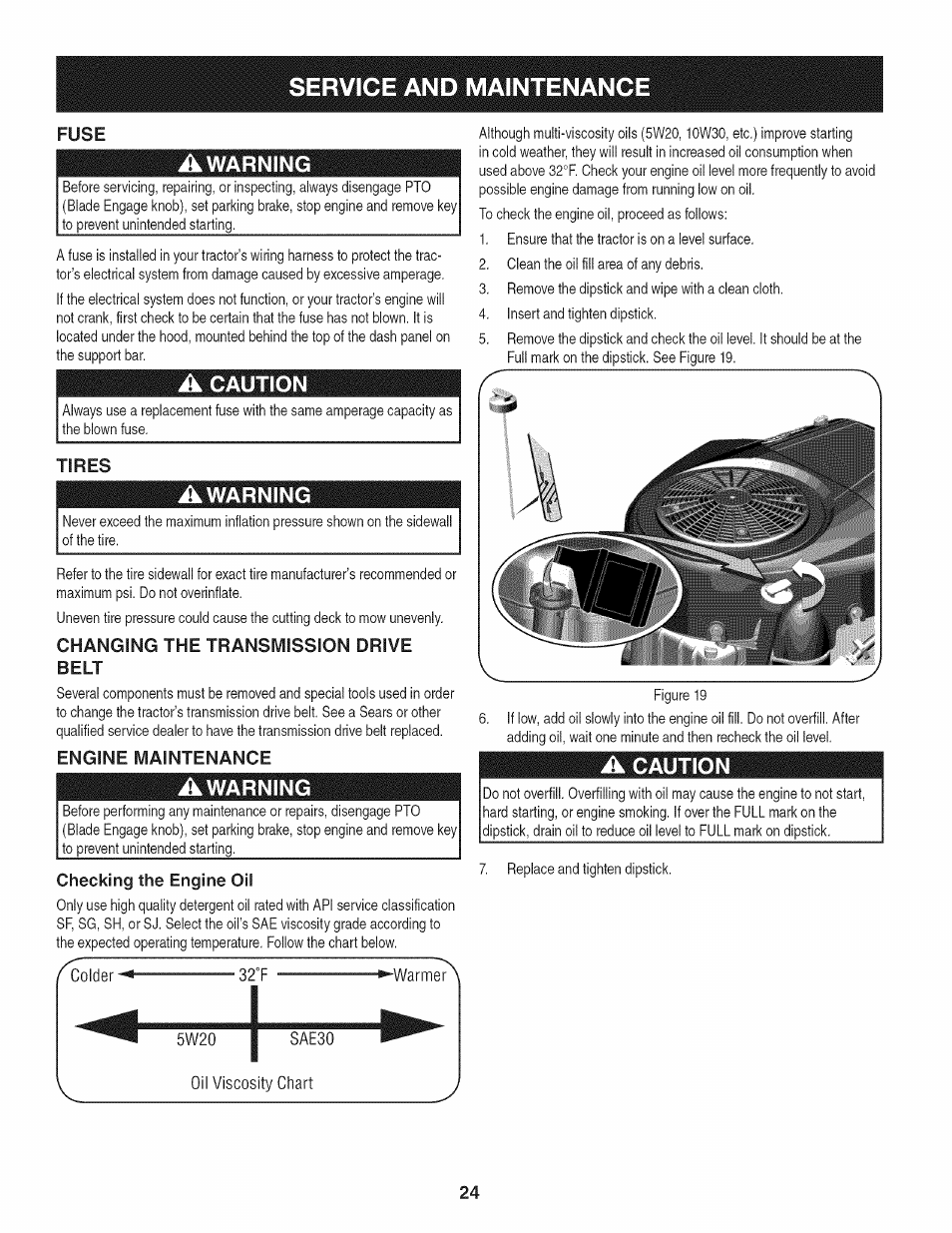 Tires, Changing the transmission drive belt, Engine maintenance | Checking the engine oil, Service and maintenance, A caution, Awarning | Craftsman 247.28672 User Manual | Page 24 / 100