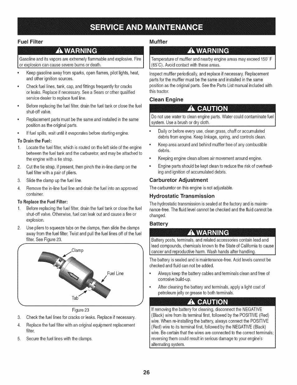 Service and maintenance, Awarning, A caution | Craftsman 247.28672 User Manual | Page 26 / 100