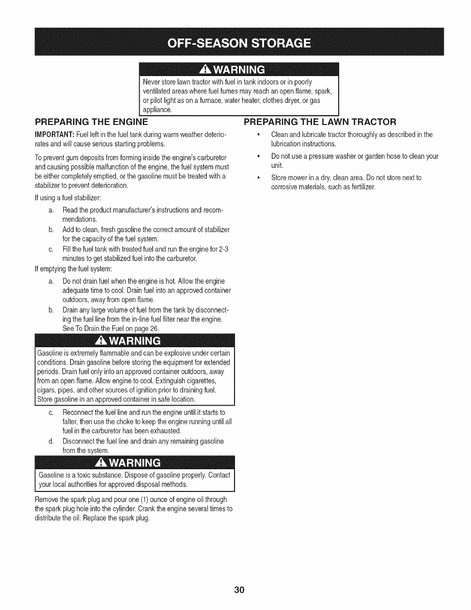 Preparing the engine, Preparing the lawn tractor, Off-season storage | Craftsman 247.28672 User Manual | Page 30 / 100