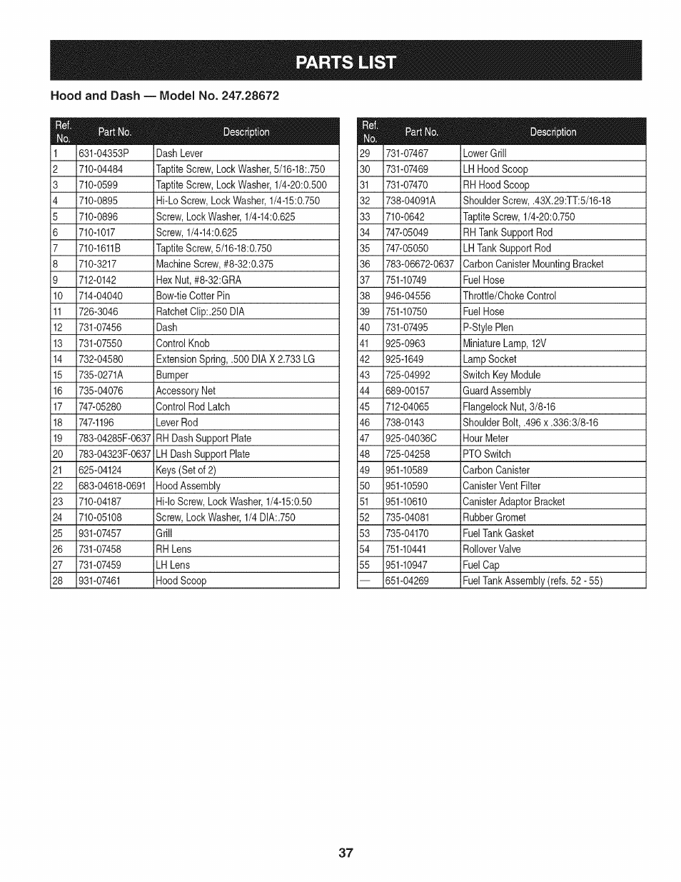Parts lis | Craftsman 247.28672 User Manual | Page 37 / 100