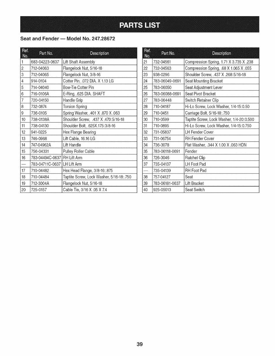 Parts lis | Craftsman 247.28672 User Manual | Page 39 / 100