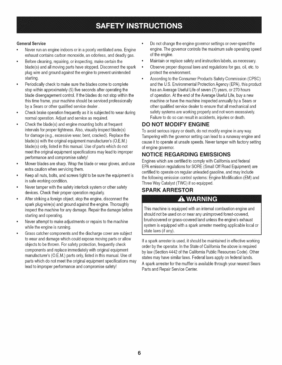 Do not modify engine, Notice regarding emissions, Spark arrestor | Safety instruction, Awarning | Craftsman 247.28672 User Manual | Page 6 / 100