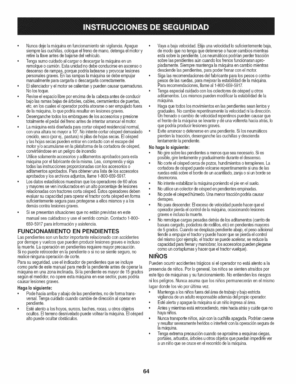 Funcionamiento en pendientes, Niños, Instrucciones de segurida | Craftsman 247.28672 User Manual | Page 64 / 100