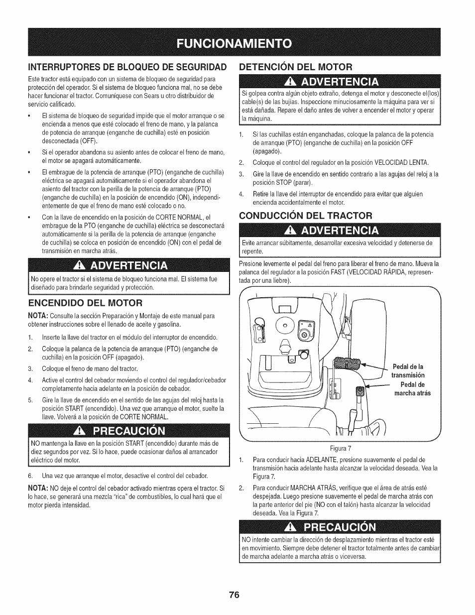 Encendido del motor, Conducción del tractor, Funcionamiento | Advertencia, Precaución | Craftsman 247.28672 User Manual | Page 76 / 100