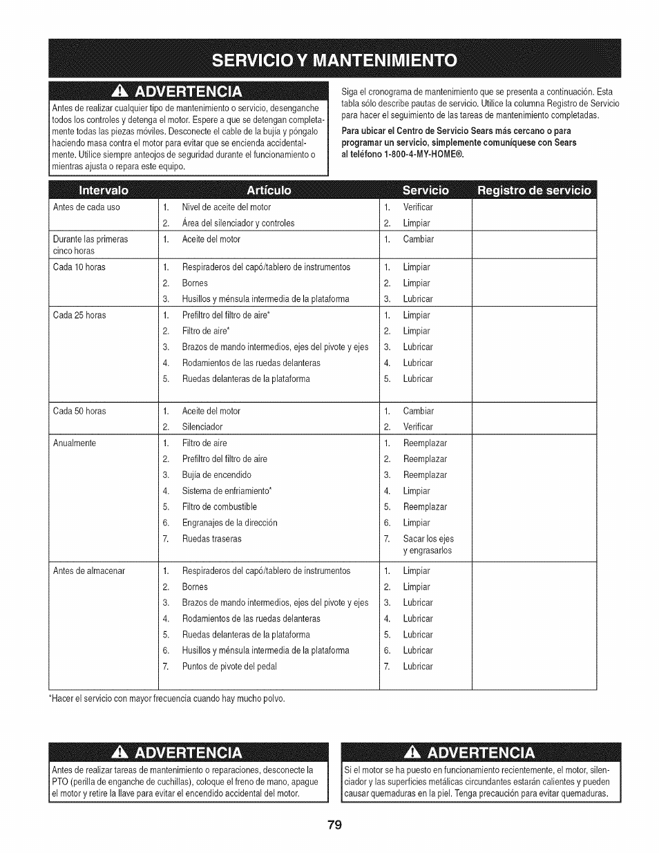 Servicio y mantenimiento a, Advertencia | Craftsman 247.28672 User Manual | Page 79 / 100