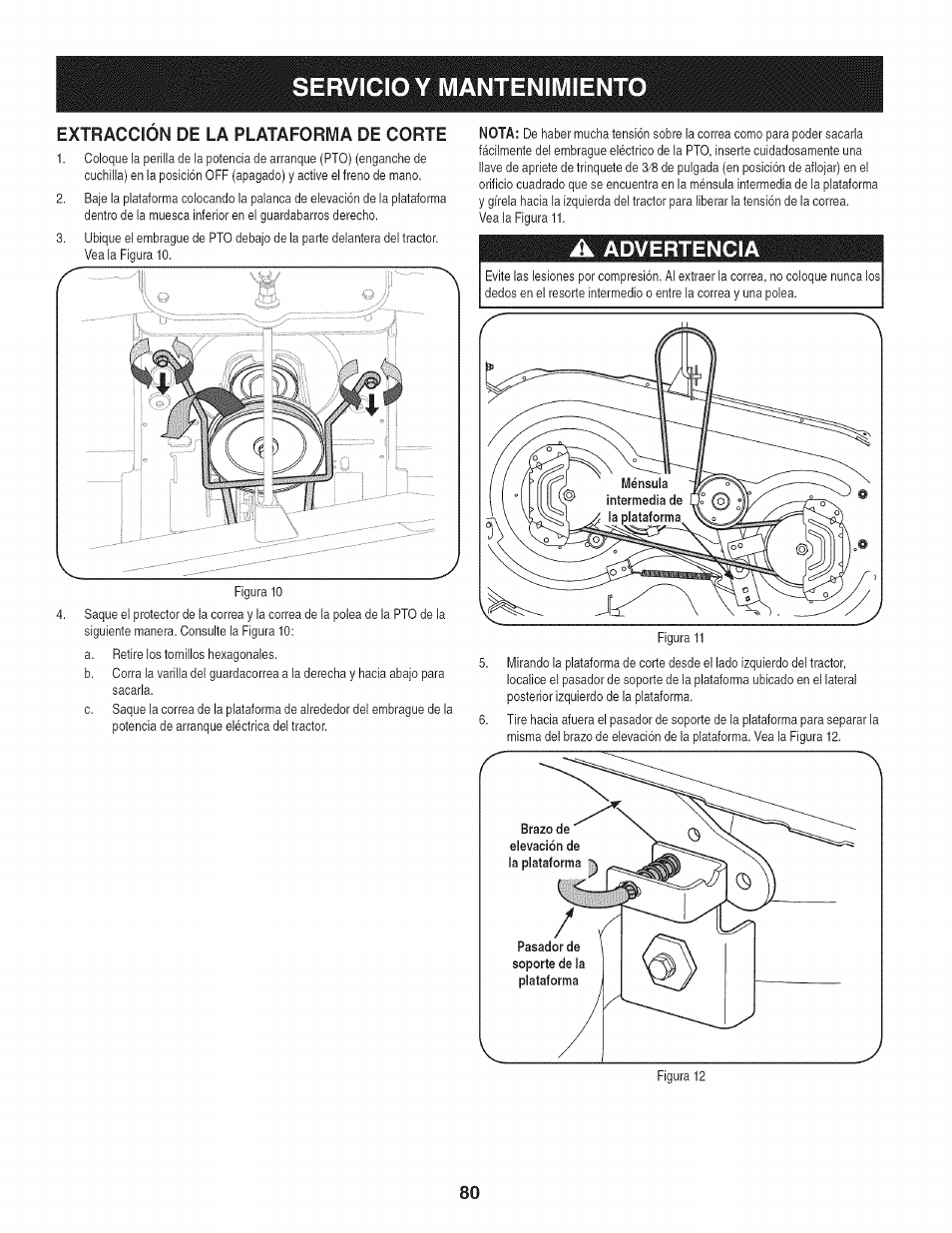 Extraccion de la plataforma de corte, Servicio y mantenimient | Craftsman 247.28672 User Manual | Page 80 / 100