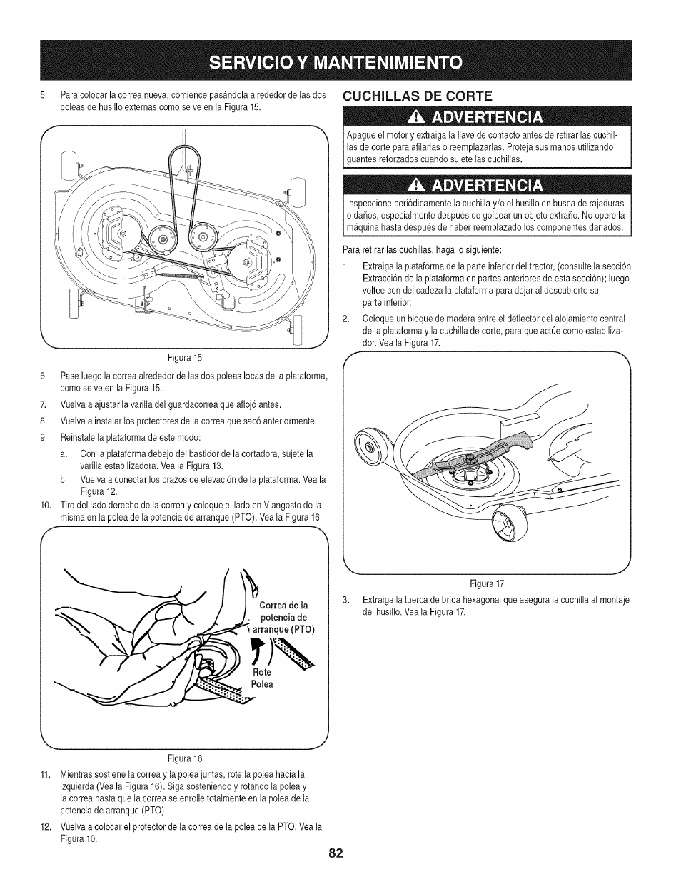 Cuchillas de corte, Servicio y mantenimiento, Advertencia | Craftsman 247.28672 User Manual | Page 82 / 100
