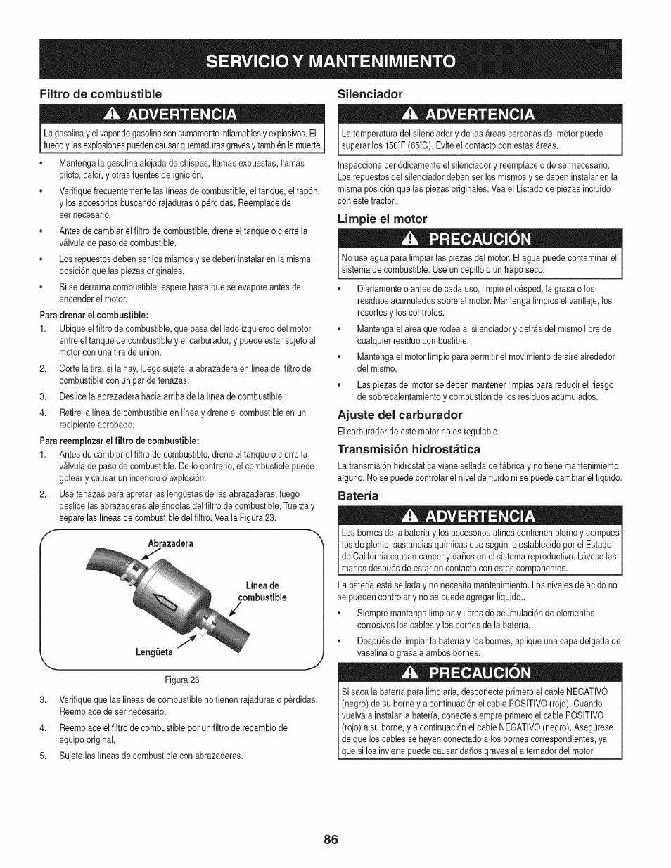 Servicio y mantenimient, Advertencia, Precaución | Craftsman 247.28672 User Manual | Page 86 / 100
