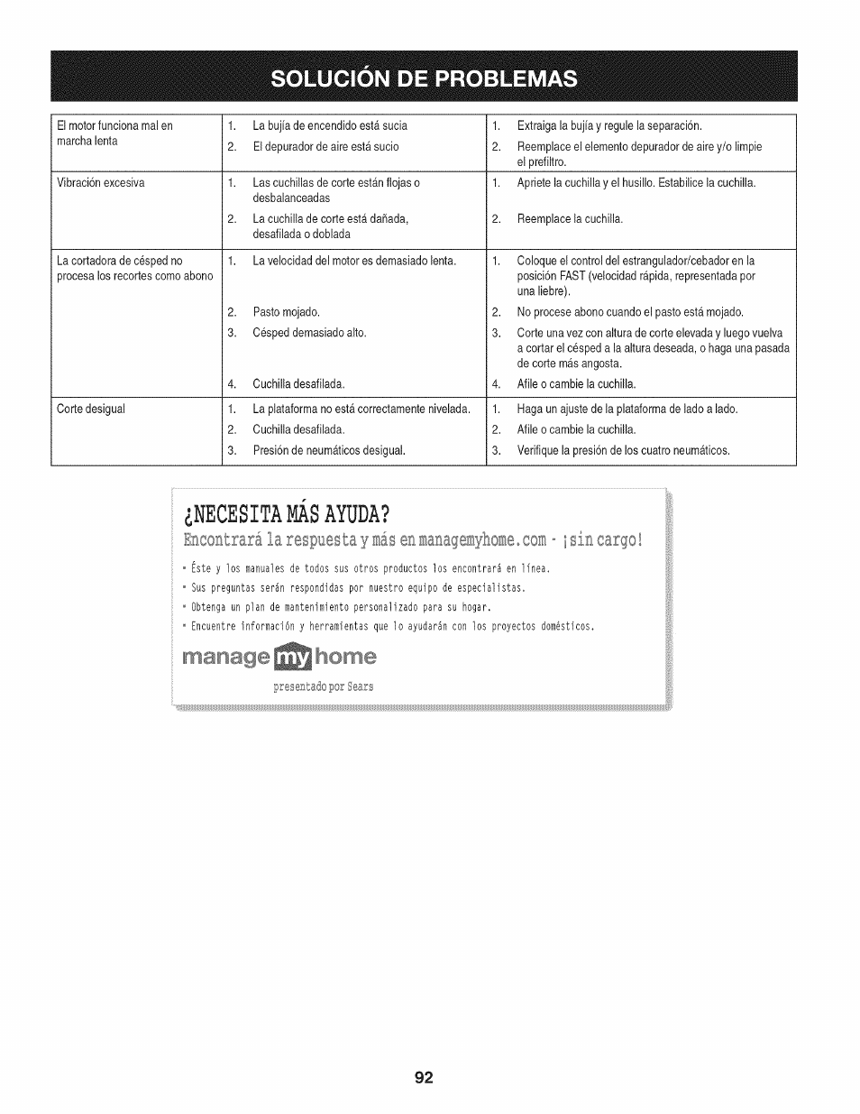 Solucion de problema, Necesita ms ayuda | Craftsman 247.28672 User Manual | Page 92 / 100