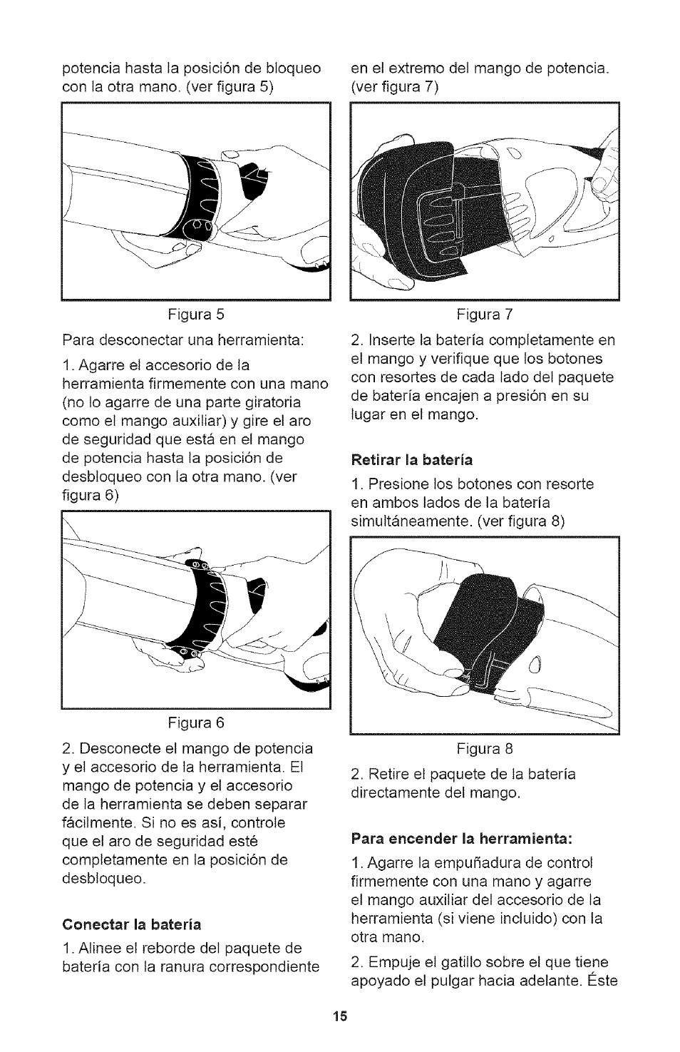 Conectar la batería, Retirar la batería, Para encender la herramienta | Craftsman 71.74291 User Manual | Page 15 / 28