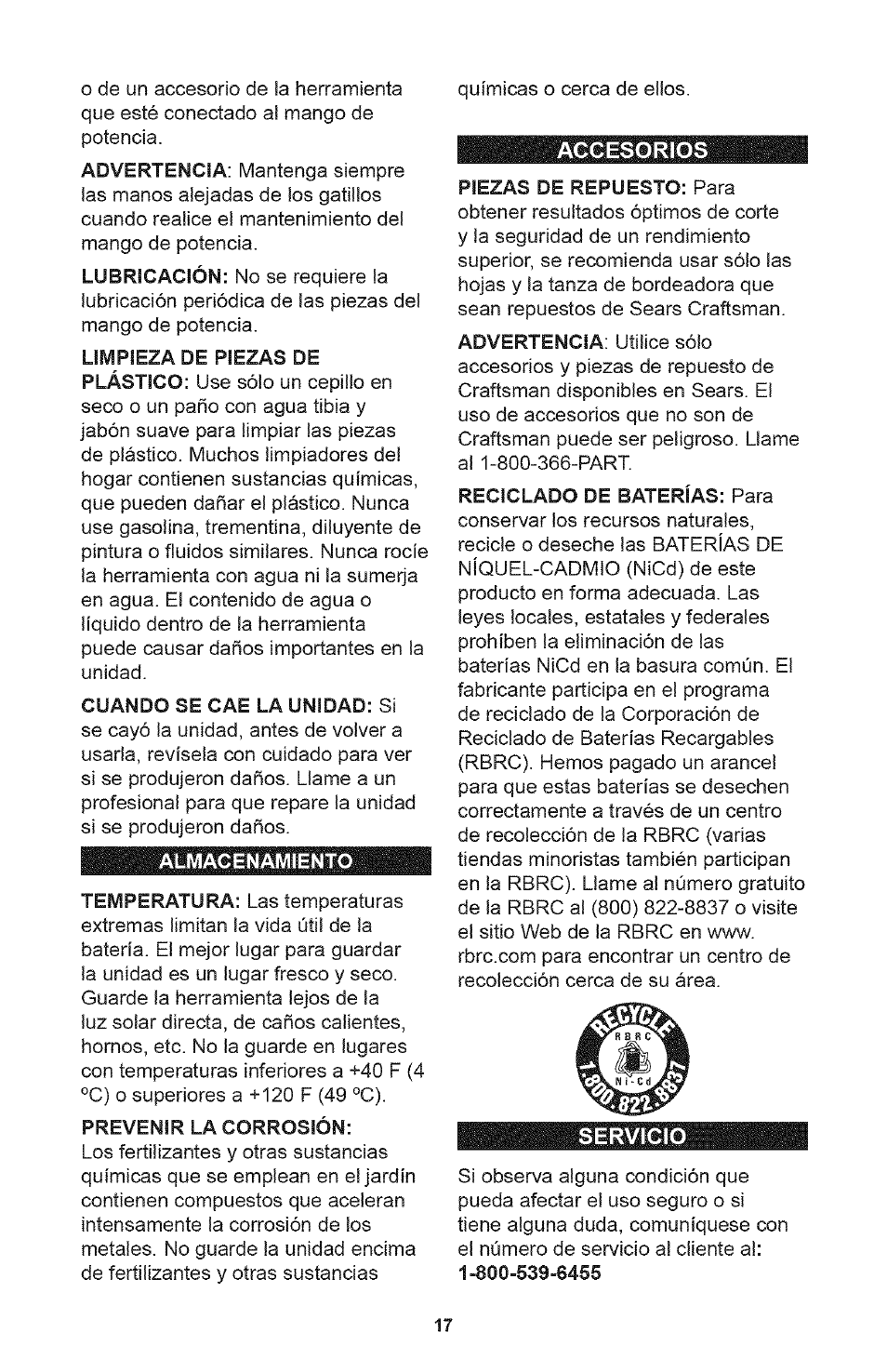 Cuando se cae la unidad: si, Almacenamiento, Prevenir la corrosión | Craftsman 71.74291 User Manual | Page 17 / 28