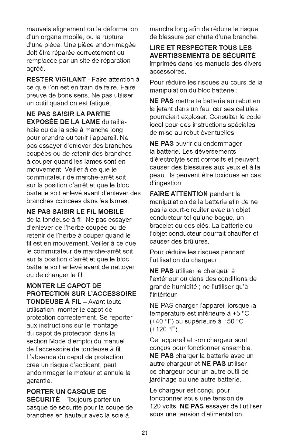 Ne pas saisir le fil mobile | Craftsman 71.74291 User Manual | Page 21 / 28
