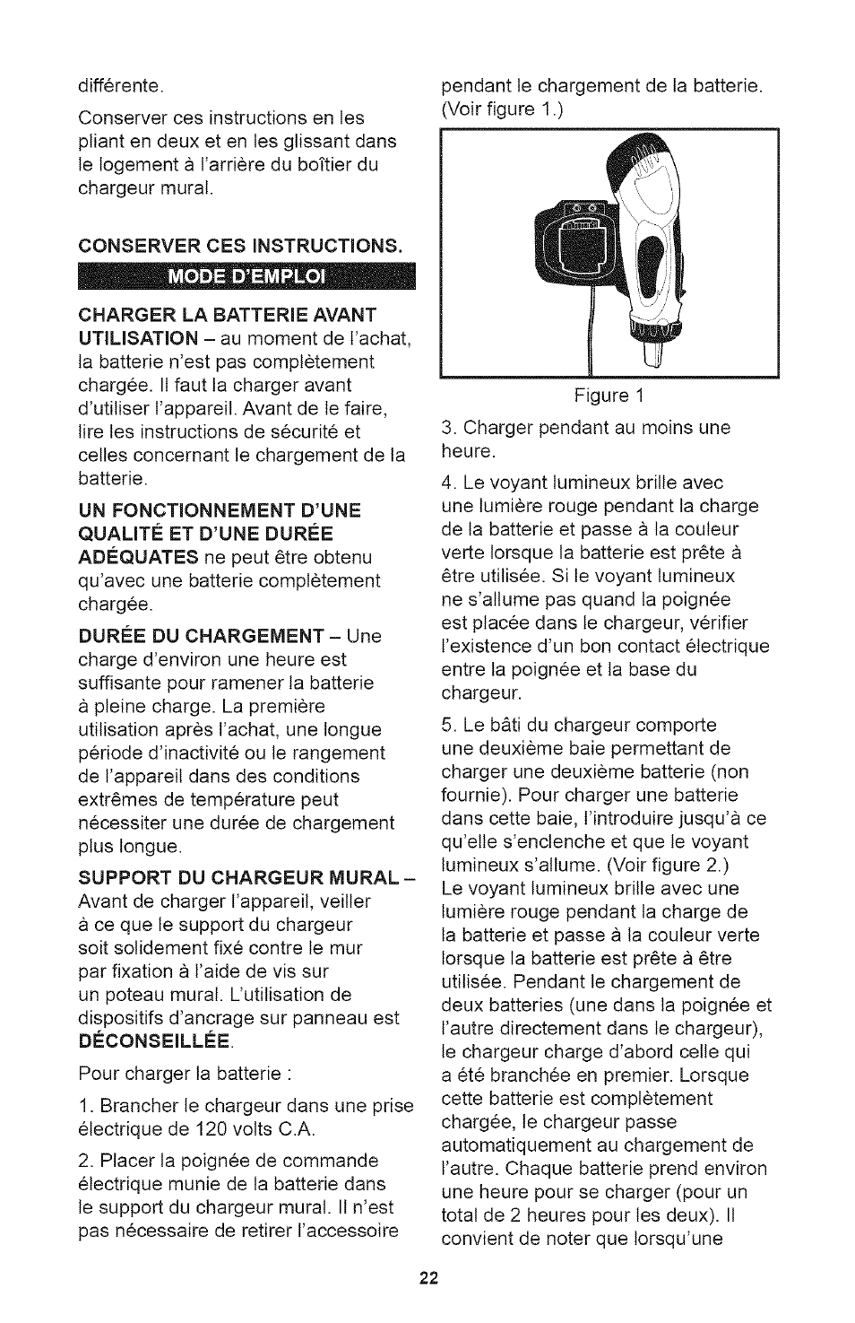 Conserver ces instructions, Mode d’emploi, Durée du chargement - une | Support du chargeur mural | Craftsman 71.74291 User Manual | Page 22 / 28