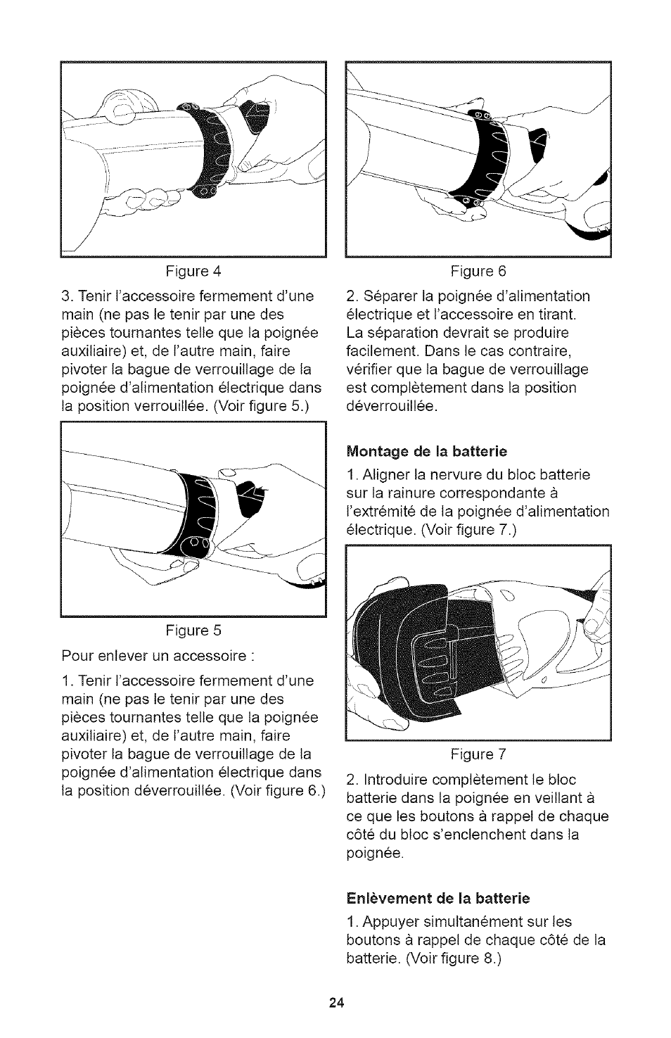 Montage de la batterie, Enlèvement de la batterie | Craftsman 71.74291 User Manual | Page 24 / 28