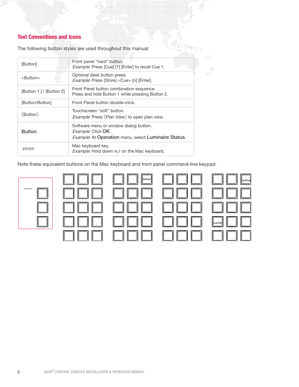 Text conventions and icons, Operation, Luminaire status | Button, Touchscreen "soft" button. example: press, Plan view, Example: at, Menu, select, Mac keyboard key. example: hold down, On the mac keyboard | PRG V676 Installation & Operation Manual User Manual | Page 12 / 32