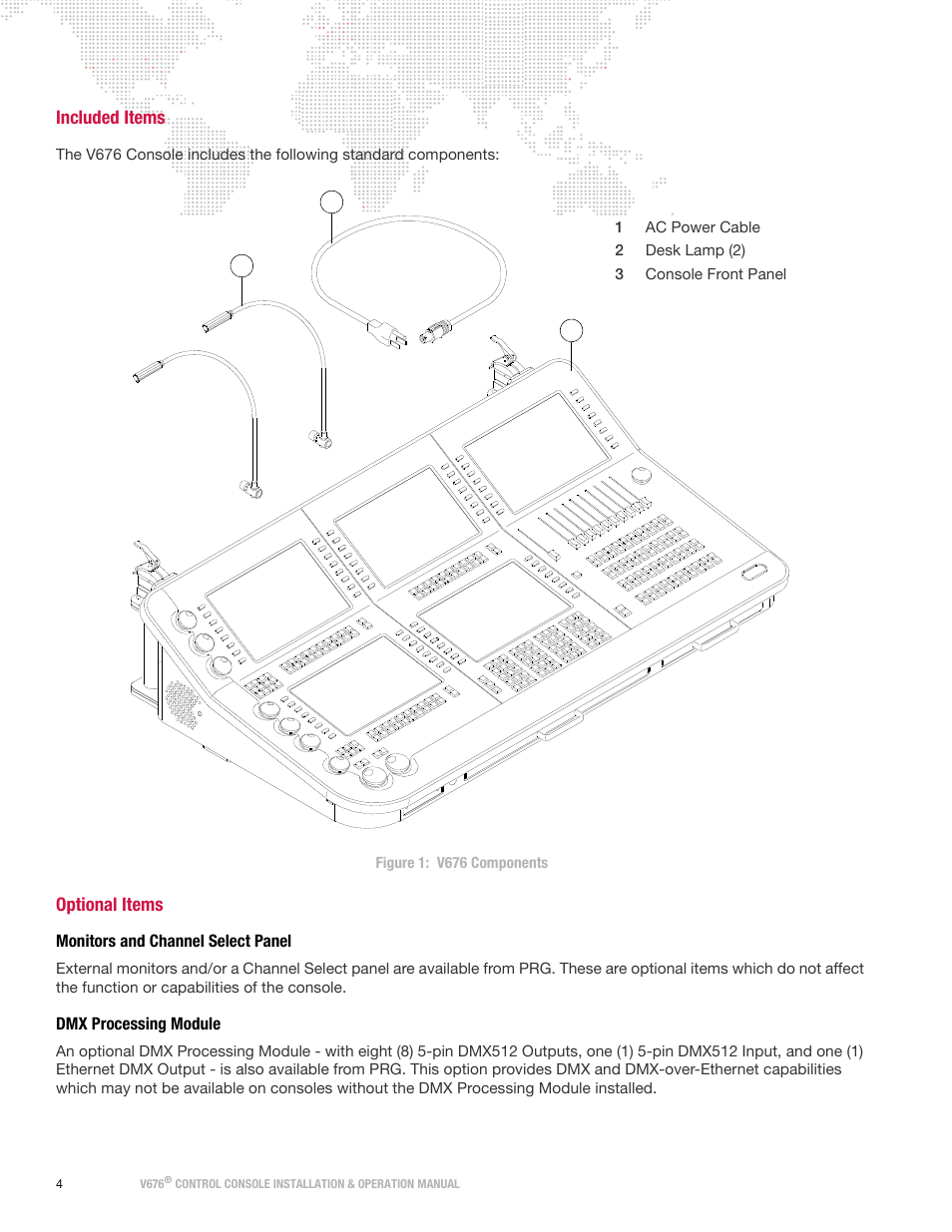 Included items, Optional items, Monitors and channel select panel | Dmx processing module | PRG V676 Installation & Operation Manual User Manual | Page 14 / 32