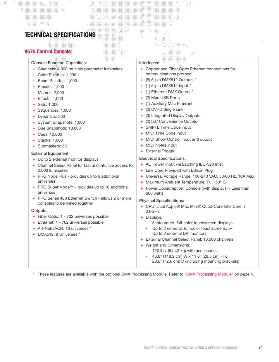 Technical specifications, V676 control console | PRG V676 Installation & Operation Manual User Manual | Page 29 / 32