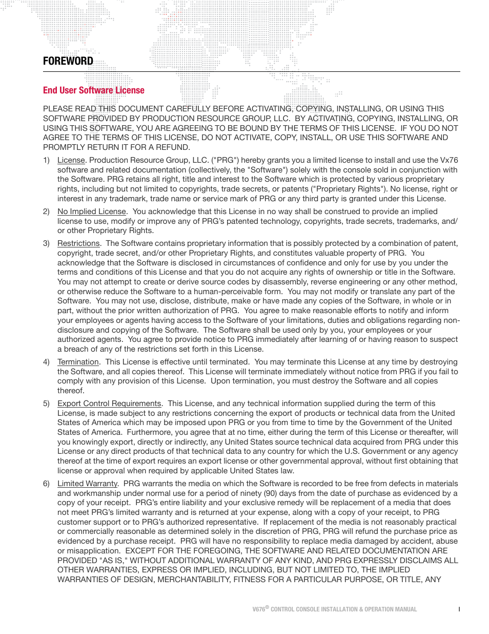 Foreword, End user software license | PRG V676 Installation & Operation Manual User Manual | Page 3 / 32