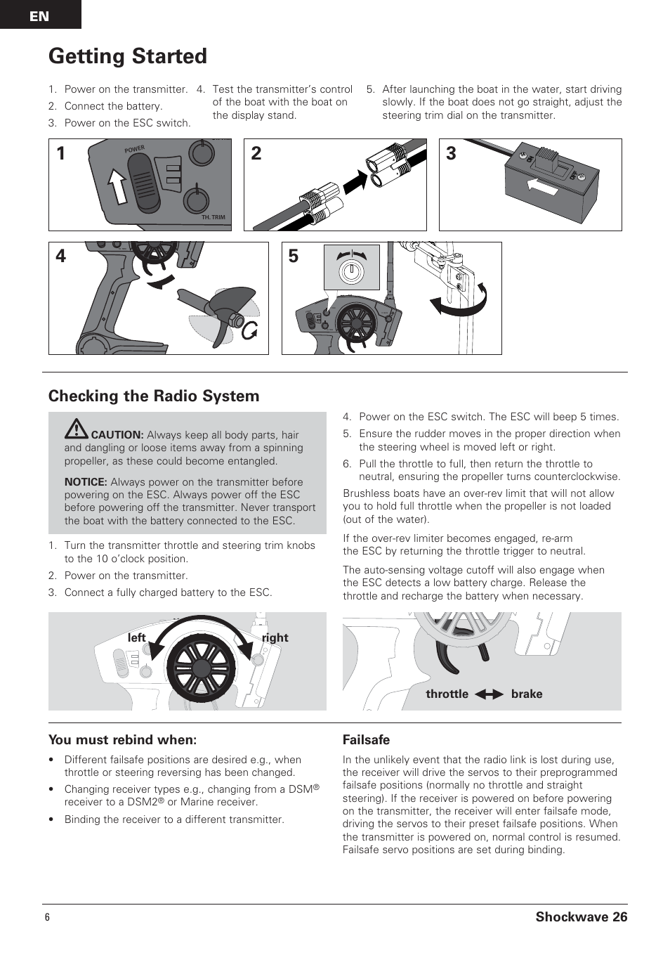 Getting started, Checking the radio system, Shockwave 26 | You must rebind when, Failsafe | Pro Boat PRB0650 User Manual | Page 6 / 56