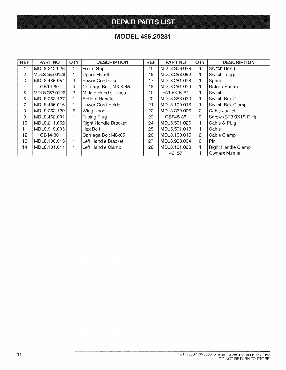 Repair parts lis, Repair parts list ,11 | Craftsman 486.29281 User Manual | Page 11 / 12