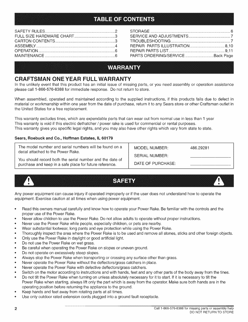 Warran, Craftsman one year full warranty, Safety | Craftsman 486.29281 User Manual | Page 2 / 12