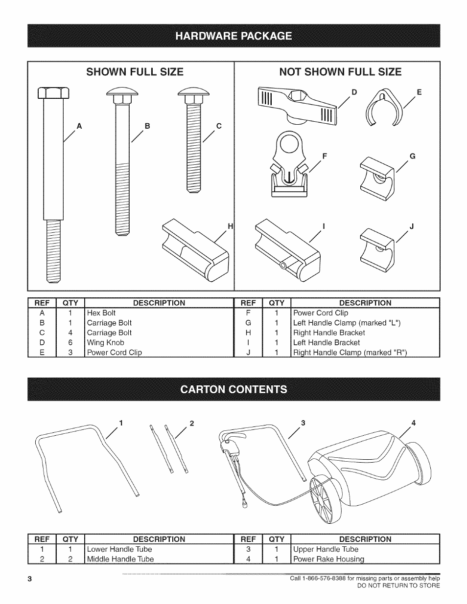 Carton content, Carton contents, Hardware packa | Craftsman 486.29281 User Manual | Page 3 / 12