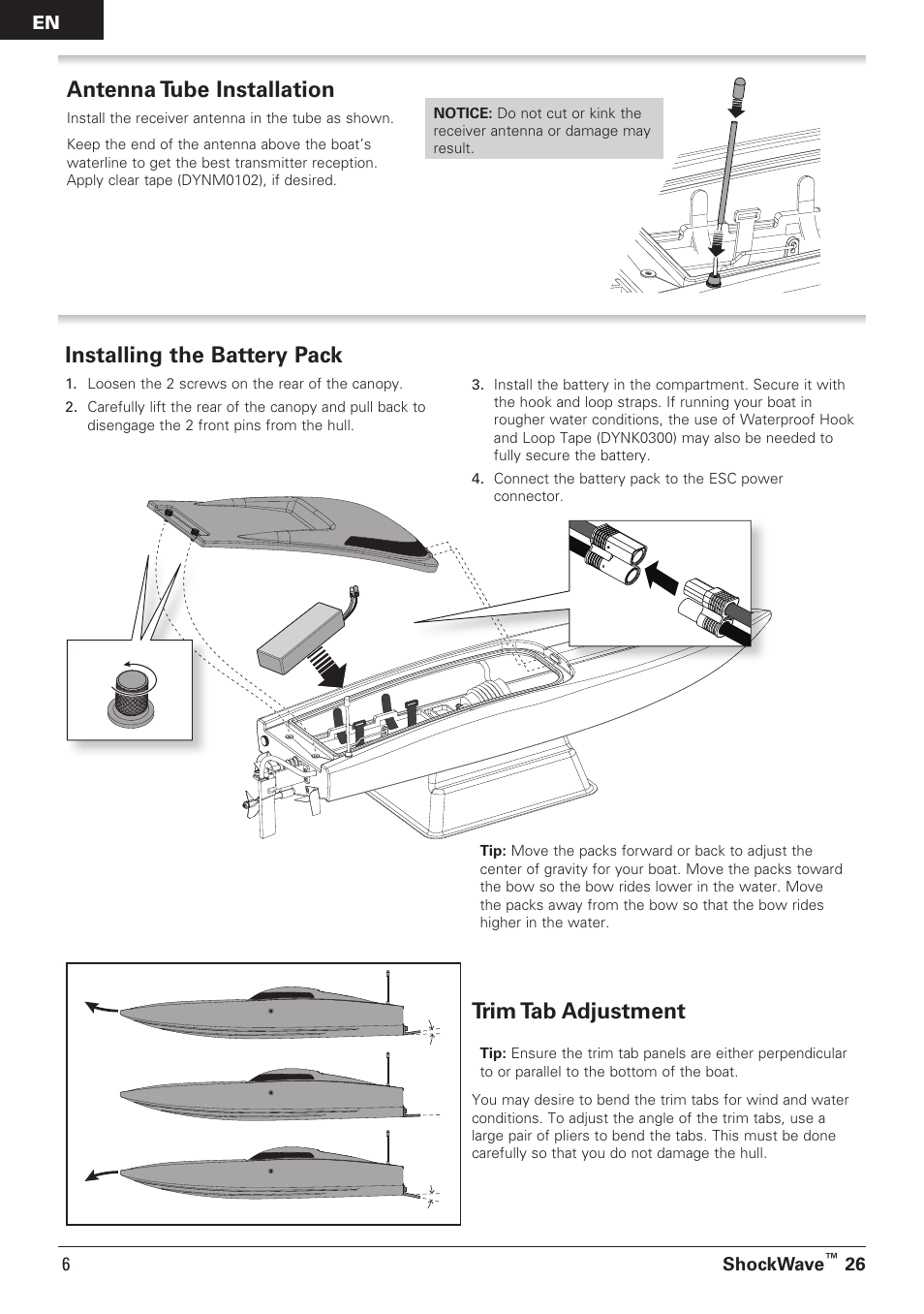Installing the battery pack, Antenna tube installation, Trim tab adjustment | Shockwave, 26 6 en | Pro Boat PRB08014 User Manual | Page 6 / 19