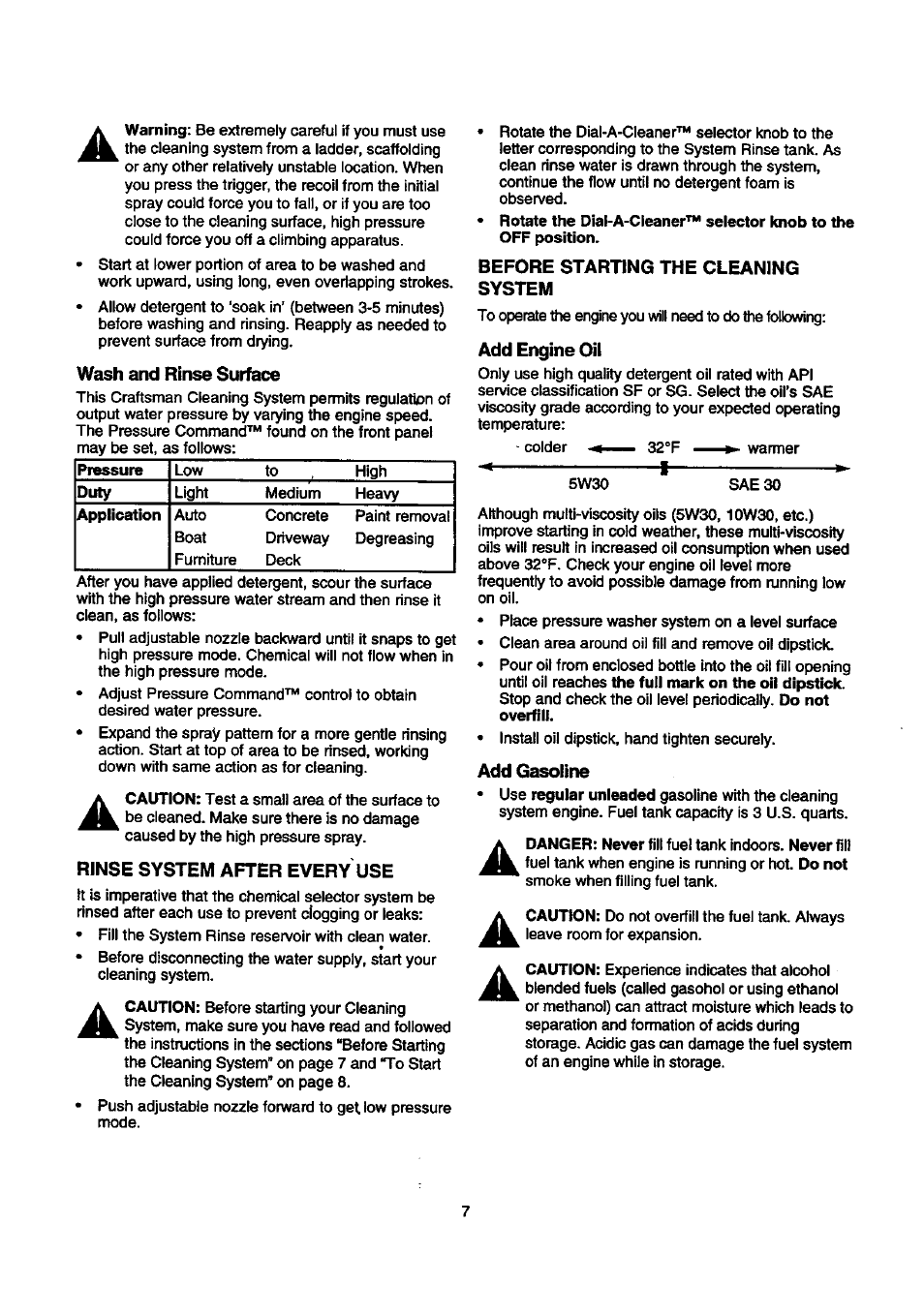 Wash and rinse surface, Rinse system after every use, Before starting the cleaning system | Add engine oil, Add gasoline, Aa a | Craftsman 580.768030 User Manual | Page 7 / 28