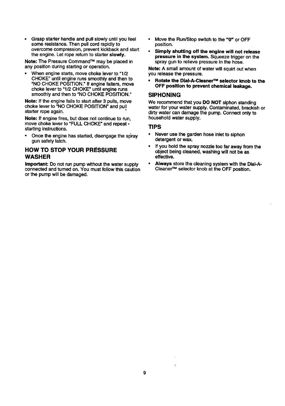 How to stop your pressure washer, Siphoning, Tips | Craftsman 580.768030 User Manual | Page 9 / 28