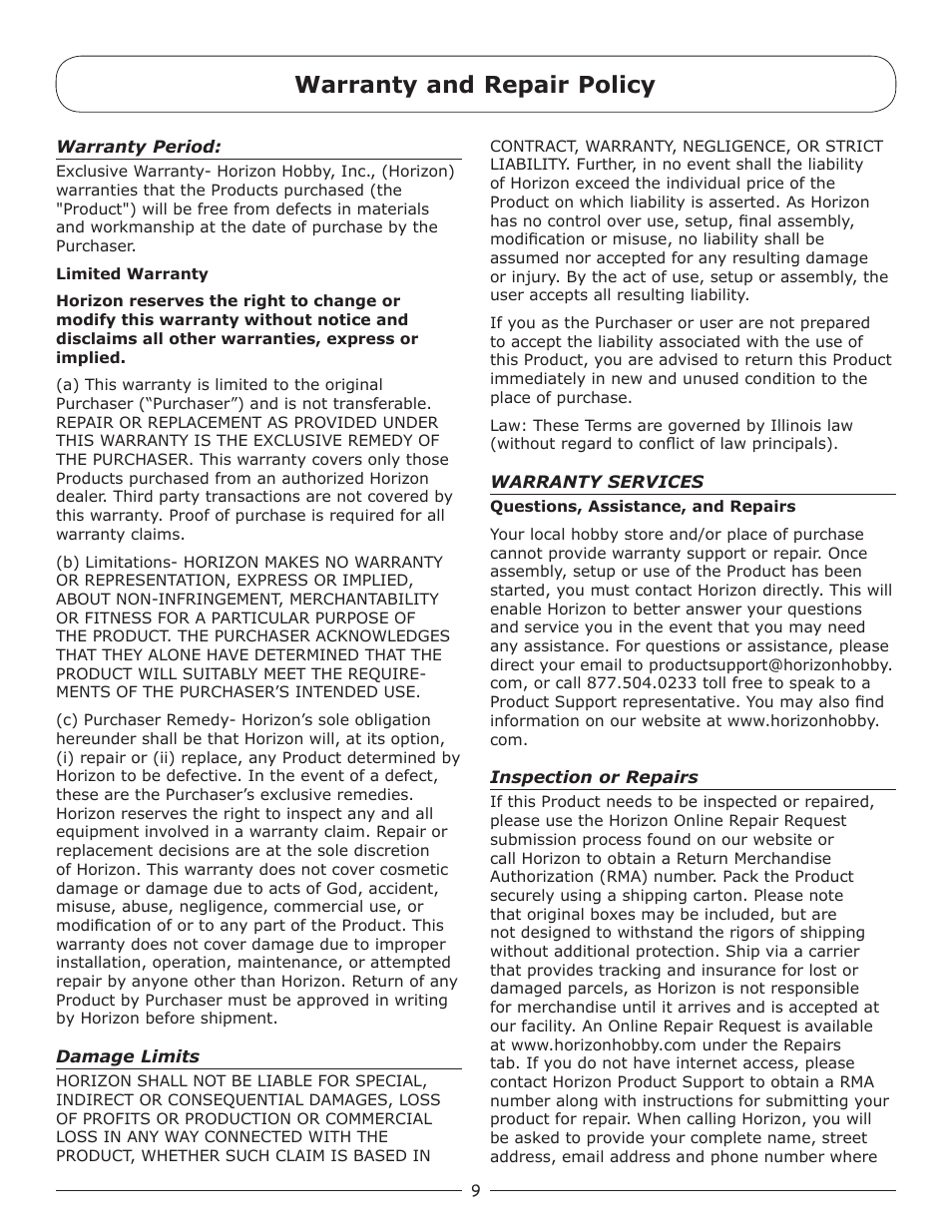 Warranty and repair policy | Pro Boat PRB3050S User Manual | Page 9 / 16