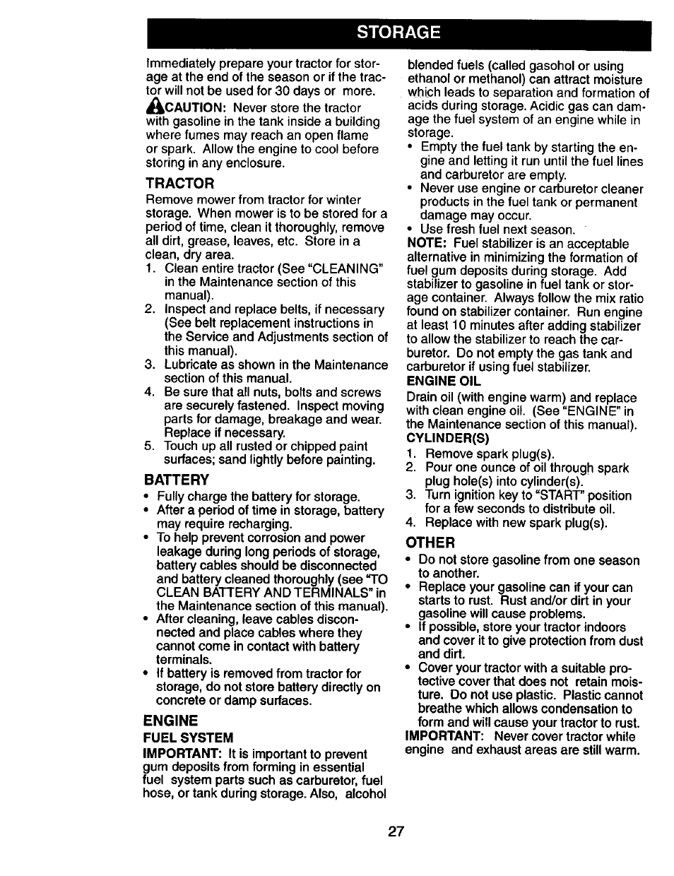 Tractor, Battery, Engine oil | Other, Storage | Craftsman 917.274031 User Manual | Page 27 / 56