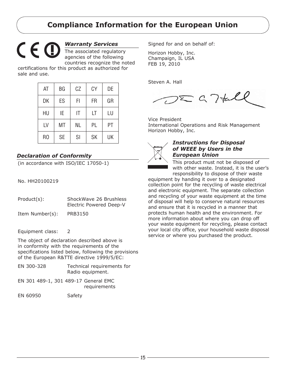 Compliance information for the european union | Pro Boat PRB3150 User Manual | Page 15 / 16