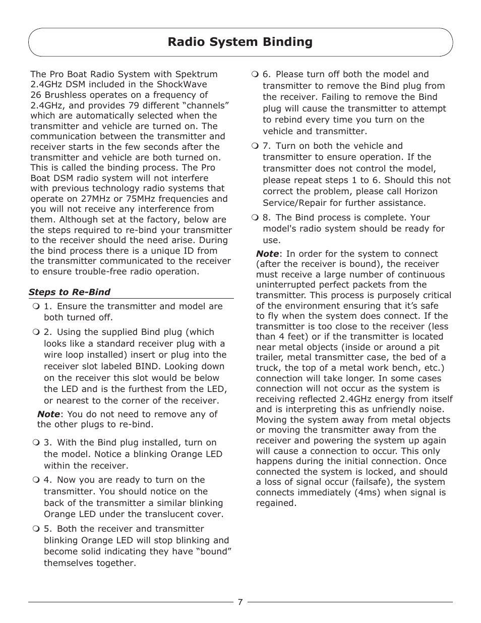 Radio system binding | Pro Boat PRB3150 User Manual | Page 7 / 16