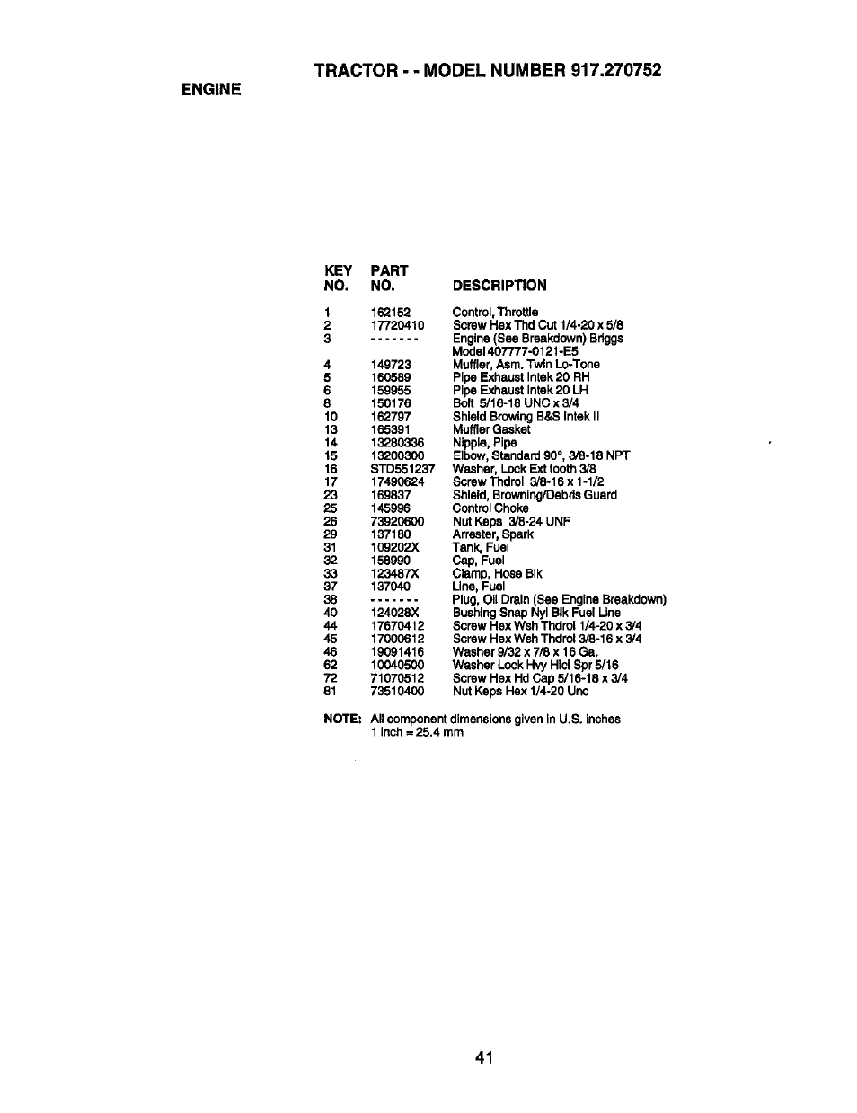 Engine, Key no. part no. description | Craftsman 917.270752 User Manual | Page 101 / 240