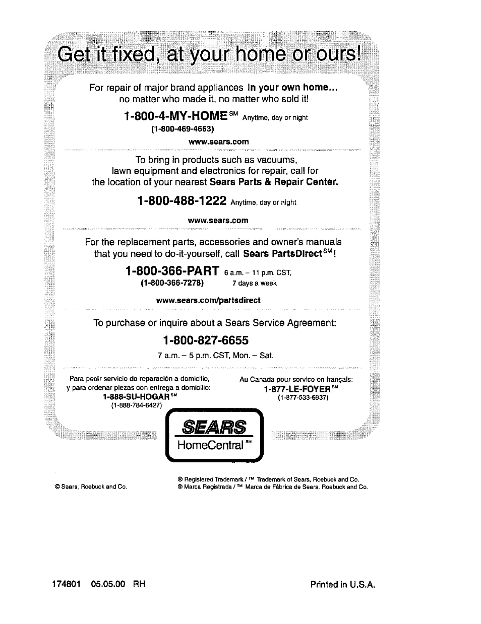 Get it fixed, at your home or ours, 800-4-my-home, Homecentral | Craftsman 917.270752 User Manual | Page 120 / 240