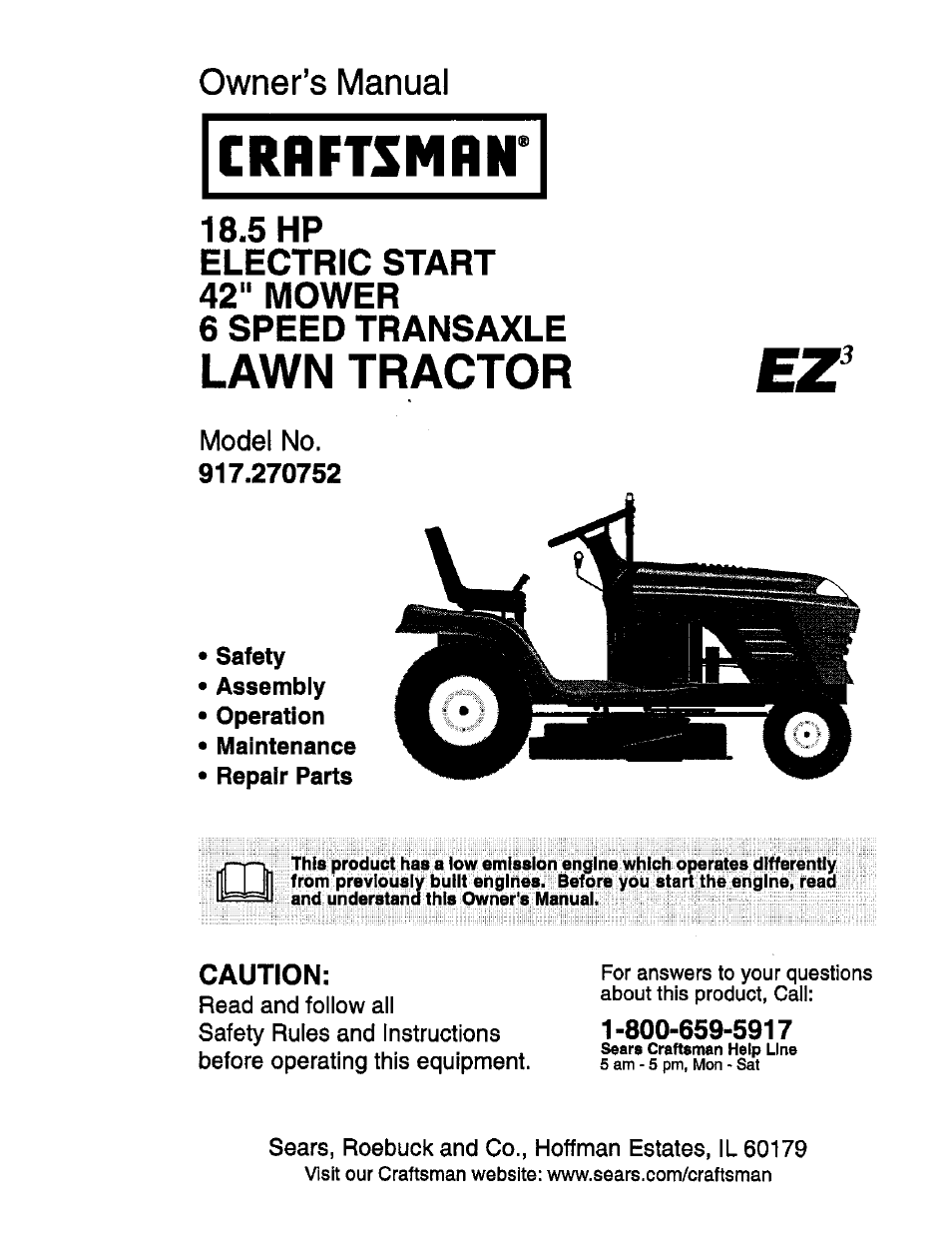 Owner’s manual, 5 hp, Electric start 42" mower 6 speed transaxle | Caution, Lawn tractor, 5 hp electric start 42" mower 6 speed transaxle | Craftsman 917.270752 User Manual | Page 121 / 240