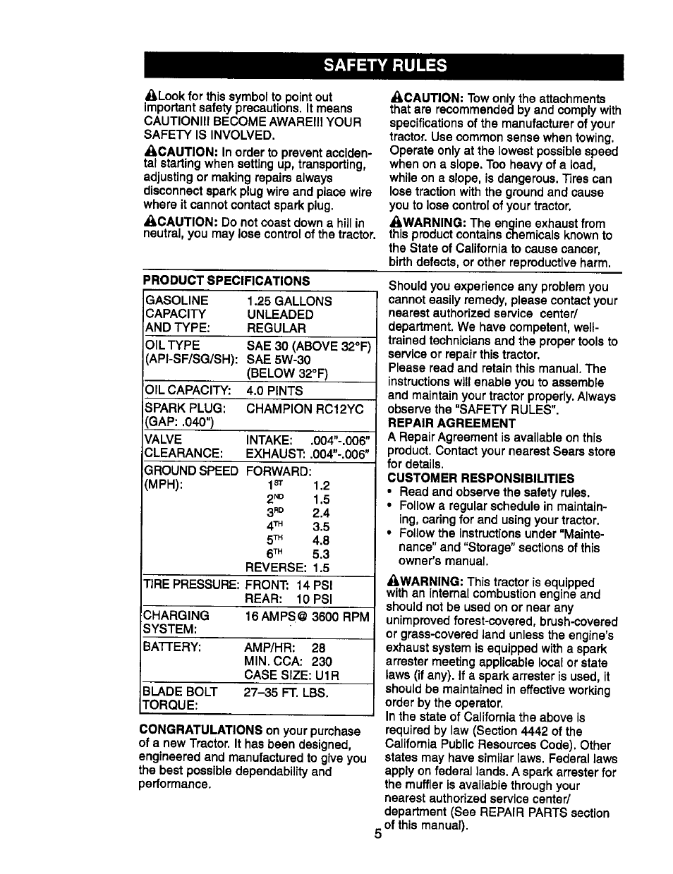 Safety rules | Craftsman 917.270752 User Manual | Page 125 / 240