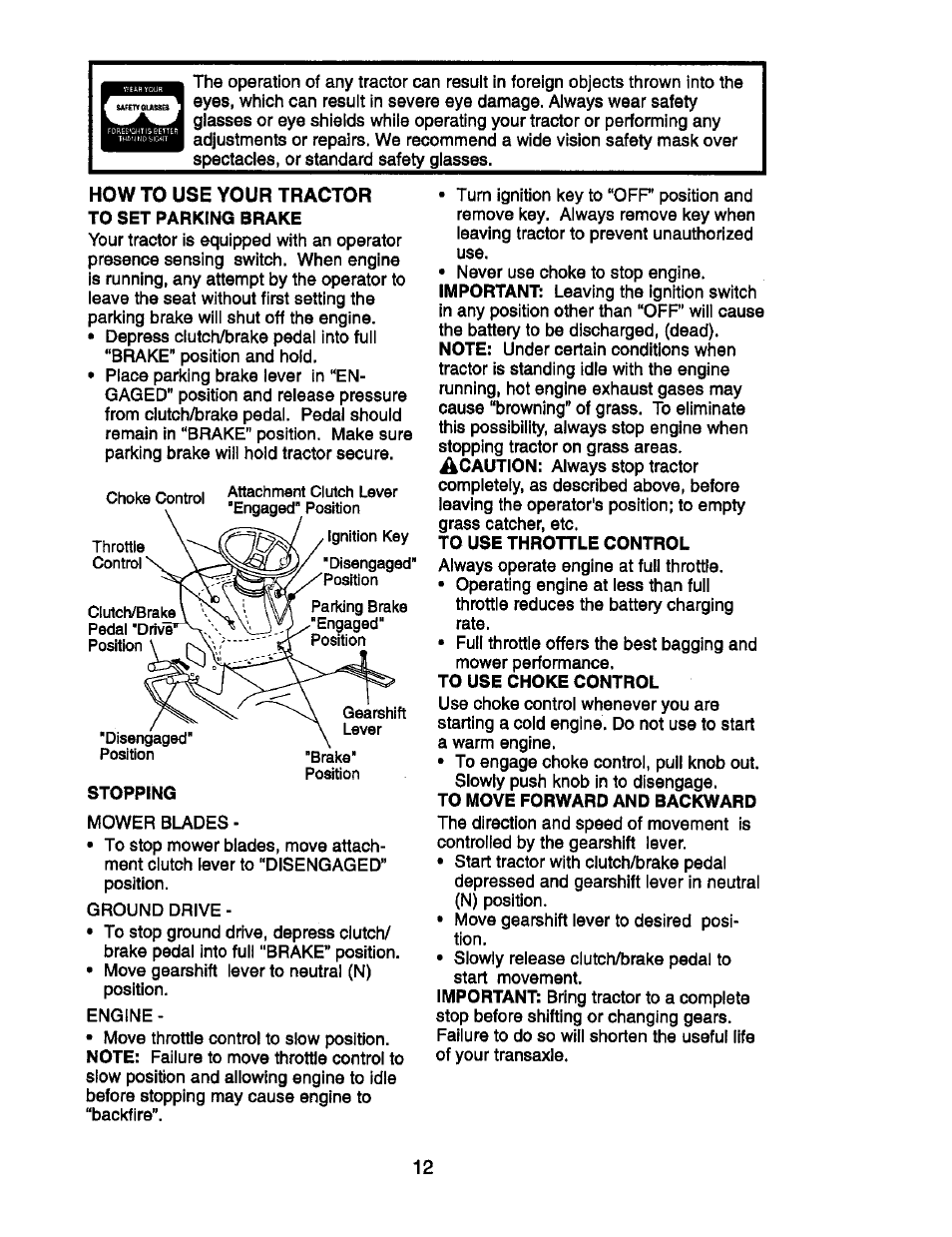 To set parking brake, Stopping, To move forward and backward | Craftsman 917.270752 User Manual | Page 132 / 240