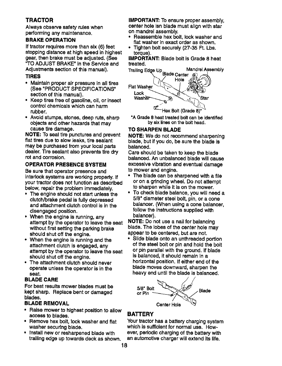Tires, Operator presence system, Blade care | Blade removal, To sharpen blade | Craftsman 917.270752 User Manual | Page 138 / 240