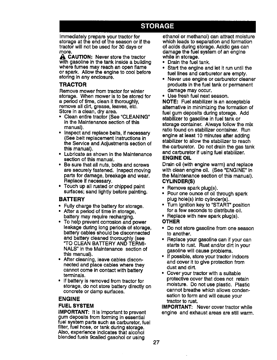 Storage, Tractor, Battery | Craftsman 917.270752 User Manual | Page 147 / 240