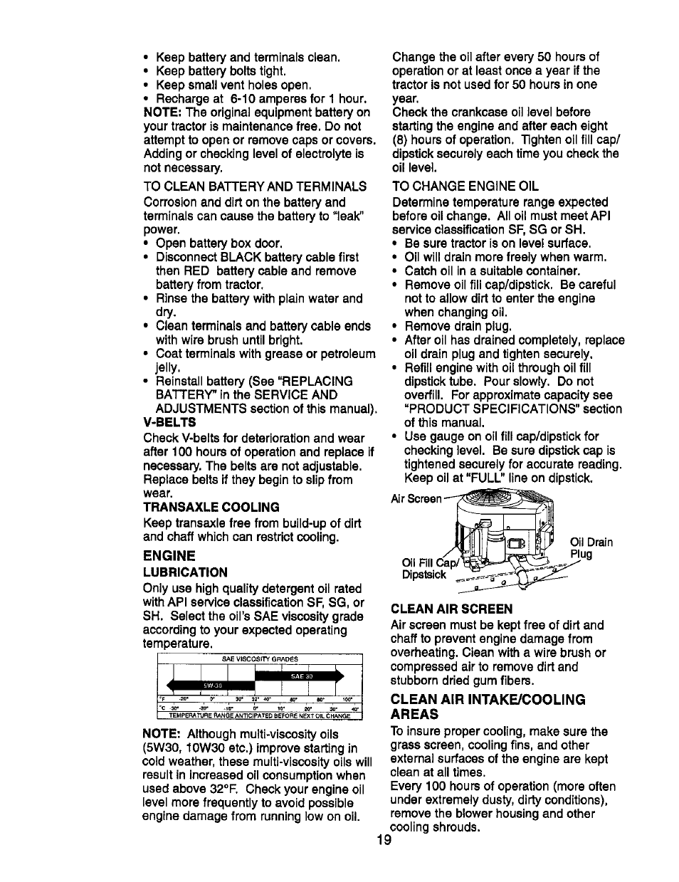 V-belts, Transaxle cooling, Engine | Lubrication, Clean air intake/cooling areas | Craftsman 917.270752 User Manual | Page 19 / 240