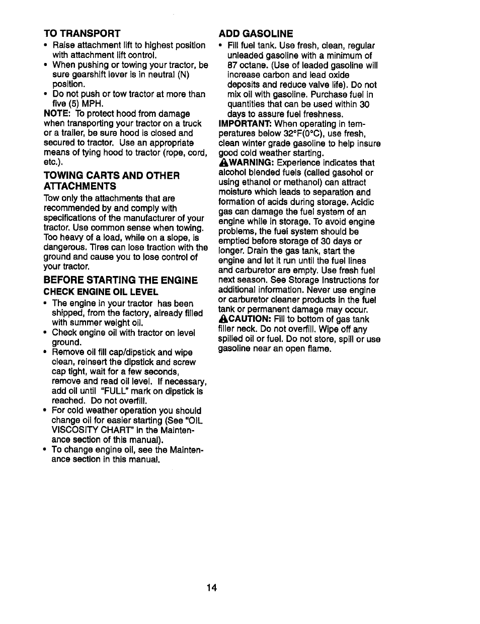 Towing carts and other attachments, Before starting the engine check engine oil level | Craftsman 917.270752 User Manual | Page 194 / 240